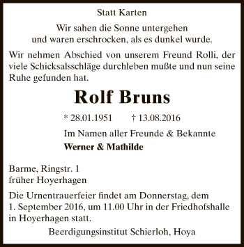 Traueranzeige von Rolf Bruns von SYK