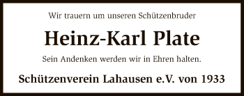 Traueranzeige von Heinz-Karl Plate von SYK