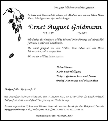 Traueranzeige von Ernst August Goldmann von SYK