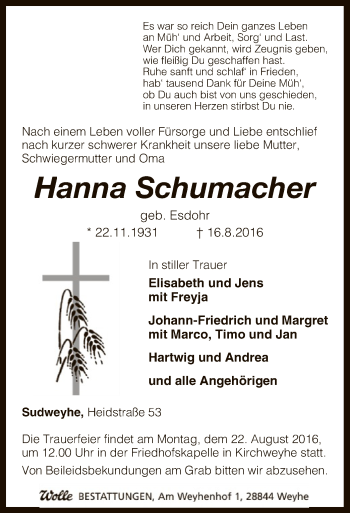 Traueranzeige von Hanna Schumacher von SYK