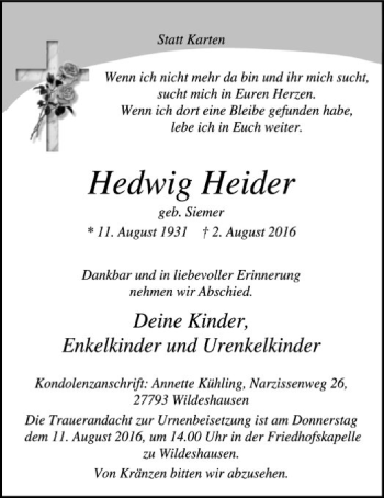 Traueranzeige von Hedwig Heider von SYK
