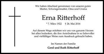 Traueranzeige von Erna Ritterhoff von SYK