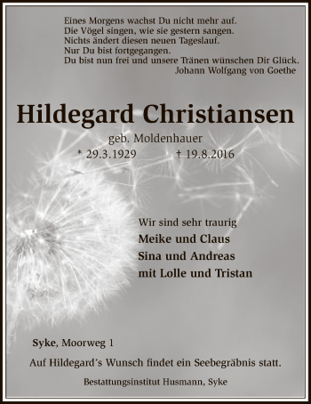 Traueranzeige von Hildegard Christiansen