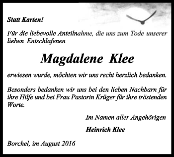 Traueranzeige von Magdalene Klee von SYK