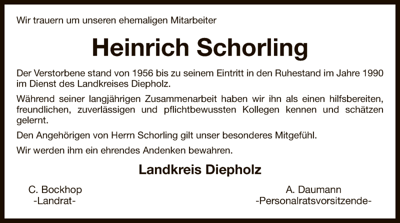  Traueranzeige für Heinrich Schorling vom 09.08.2016 aus SYK