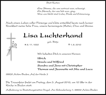 Traueranzeige von Lisa Luchterhand von SYK