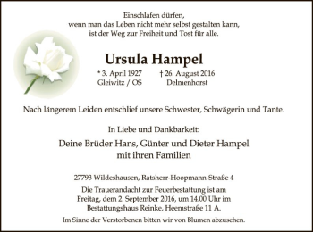 Traueranzeige von Ursula Hampel von SYK