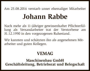 Traueranzeige von Johann Rabbe von SYK