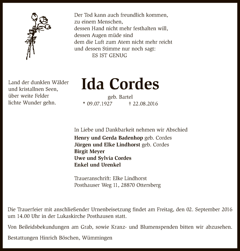  Traueranzeige für Ida Cordes vom 27.08.2016 aus SYK