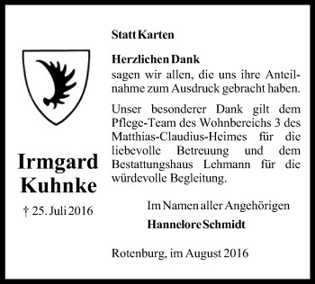 Traueranzeige von Irmgard Kuhnke von SYK