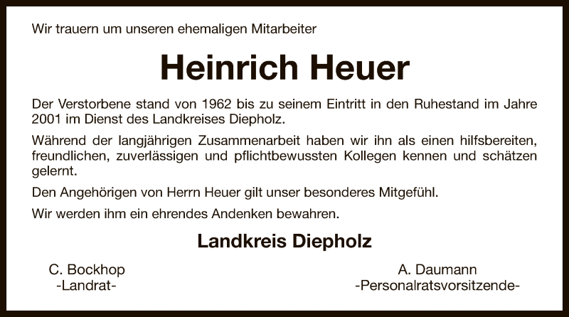  Traueranzeige für Heinrich Heuer vom 13.08.2016 aus SYK