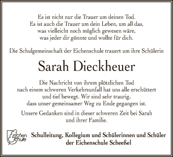 Traueranzeige von Sarah Dieckheuer von SYK