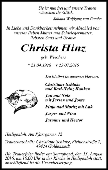 Traueranzeige von Christa Hinz von SYK