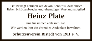 Traueranzeige von Heinz Plate