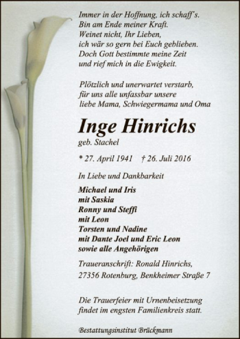 Traueranzeige von Inge Hinrichs von SYK