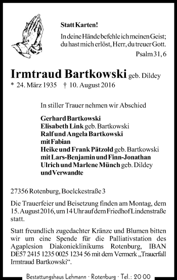 Traueranzeige von Irmtraud Bartkowski von SYK