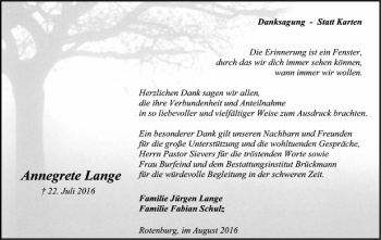 Traueranzeige von Annegrete Lange von SYK
