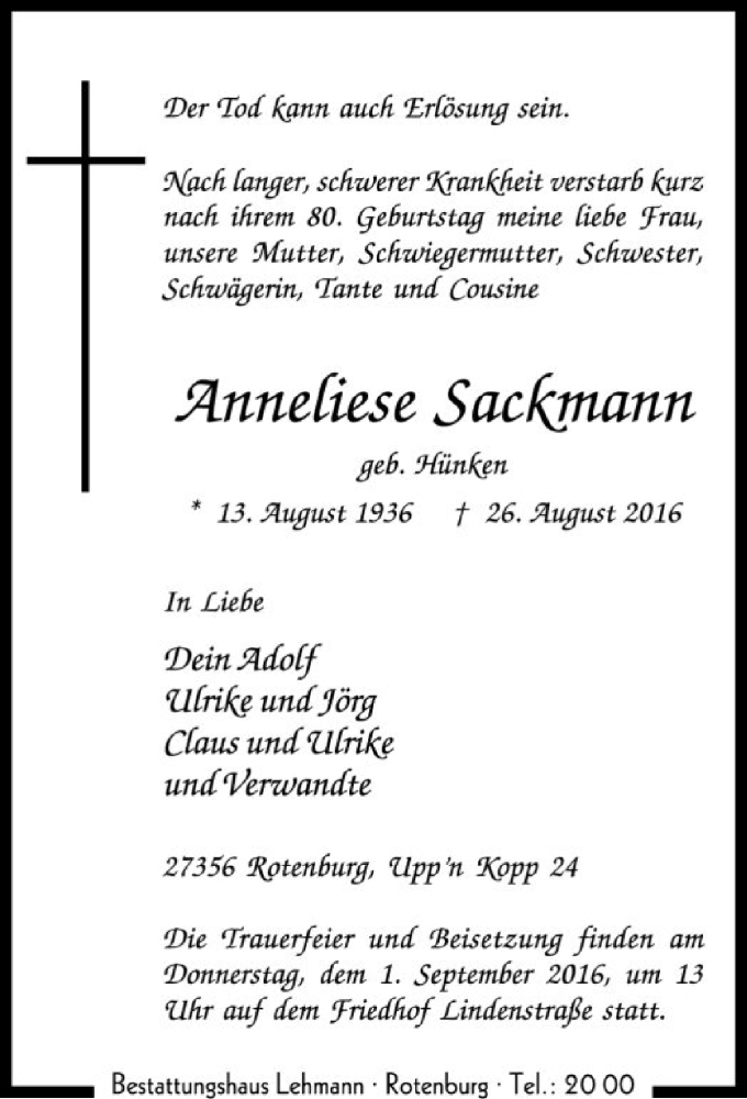  Traueranzeige für Anneliese Sackmann vom 29.08.2016 aus SYK