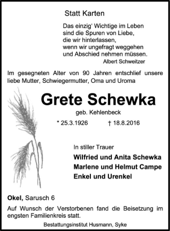 Traueranzeige von Grete Schewka von SYK