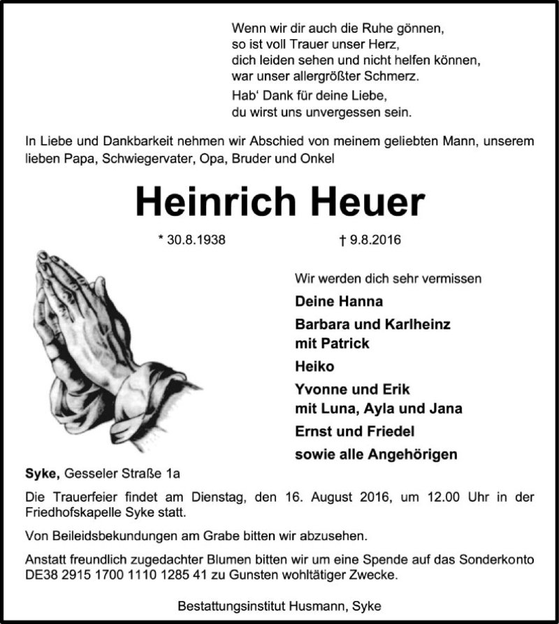  Traueranzeige für Heinrich Heuer vom 12.08.2016 aus SYK