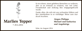 Traueranzeige von Marlies Tepper von SYK