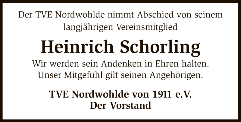  Traueranzeige für Heinrich Schorling vom 09.08.2016 aus SYK