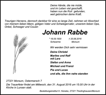 Traueranzeige von Johann Rabbe von SYK