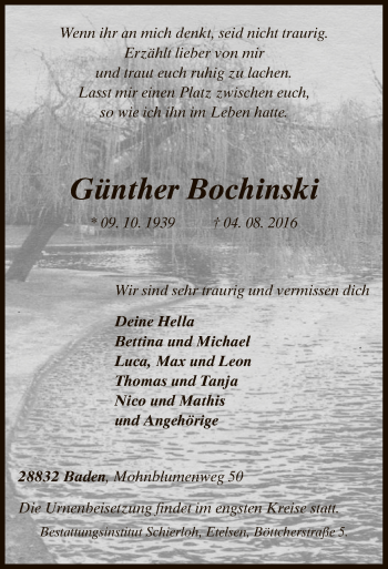 Traueranzeige von Günther Bochinski von SYK