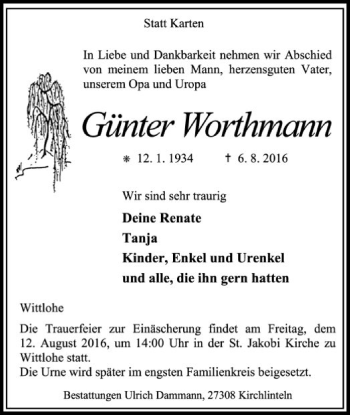 Traueranzeige von Günter Worthmann von SYK