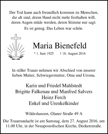 Traueranzeige von Maria Bienefeld von SYK