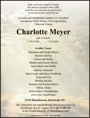 Traueranzeige von Charlotte Meyer von SYK