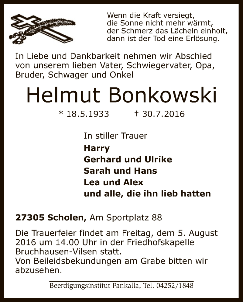  Traueranzeige für Helmut Bonkowski vom 02.08.2016 aus SYK