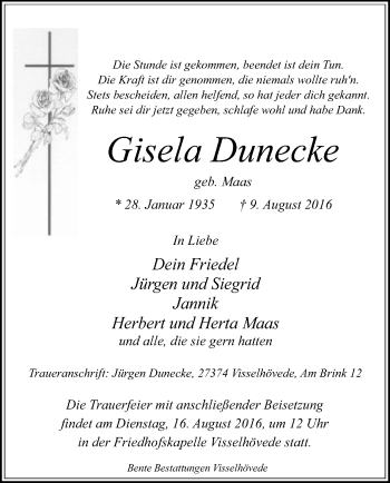 Traueranzeige von Gisela Dunecke von SYK