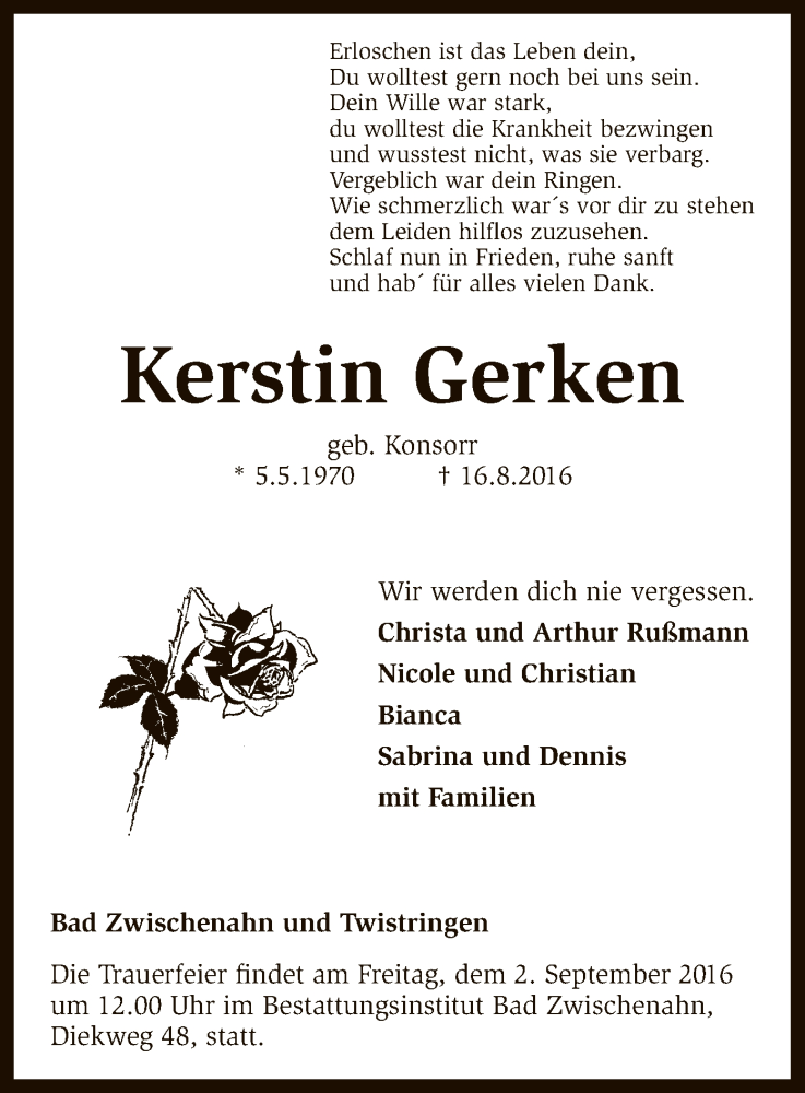  Traueranzeige für Kerstin Gerken vom 24.08.2016 aus SYK