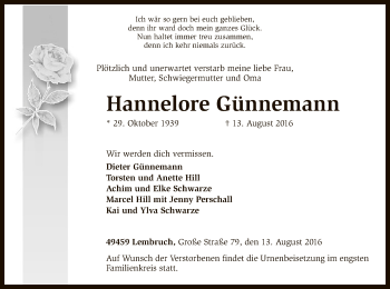 Traueranzeige von Hannelore Günnemann von SYK