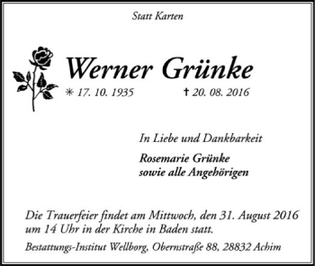 Traueranzeige von Werner Grünke von SYK