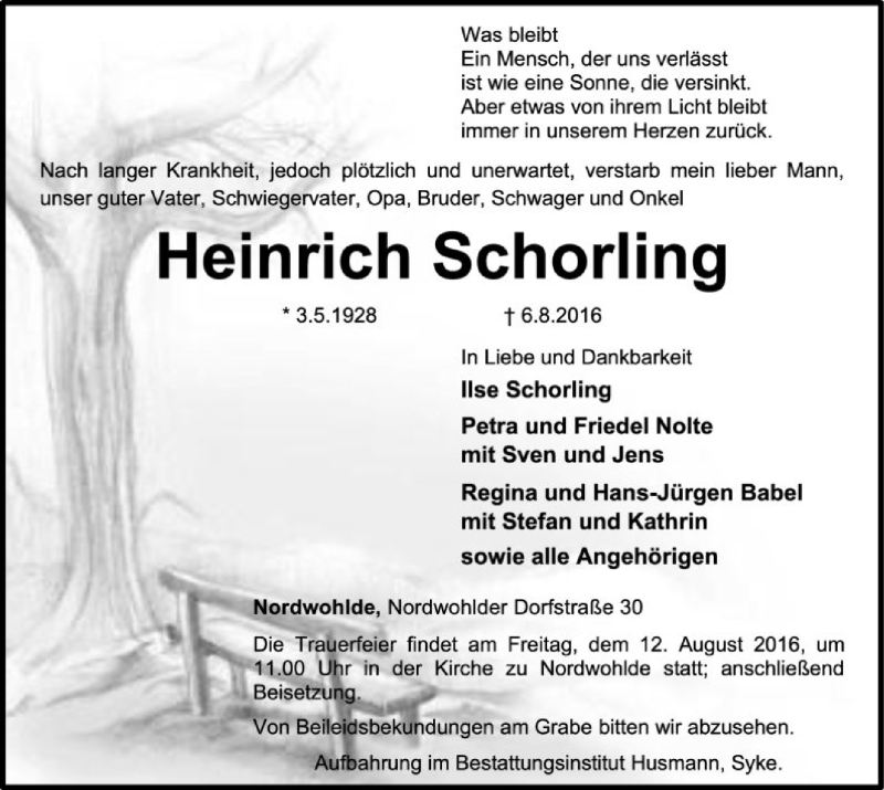  Traueranzeige für Heinrich Schorling vom 08.08.2016 aus SYK