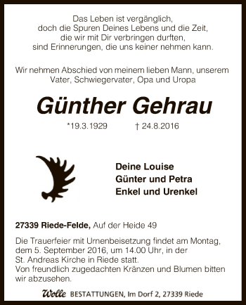 Traueranzeige von Günther Gehrau von SYK