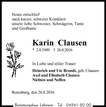 Traueranzeige von Karin Clausen von SYK