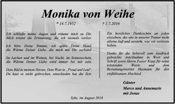 Traueranzeige von Monika von Weihe von SYK