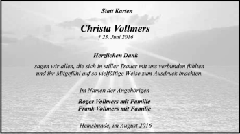 Traueranzeige von Christa Vollmers von SYK