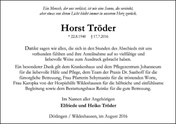 Traueranzeige von Horst Tröder von SYK