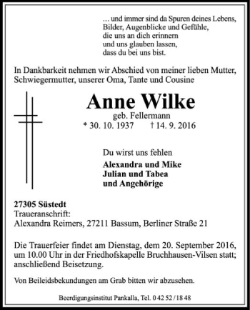 Traueranzeige von Anne Wilke von SYK