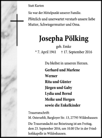 Traueranzeige von Josepha Pölking von SYK