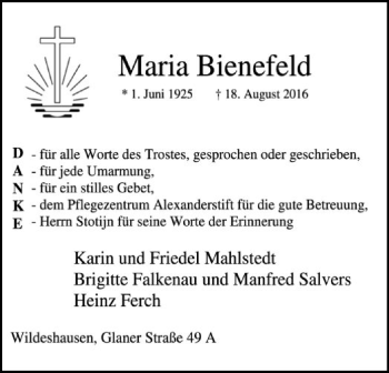Traueranzeige von Maria Bienefeld von SYK