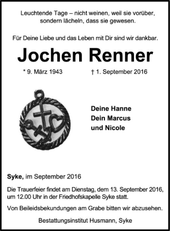 Traueranzeige von Jochen Renner von SYK