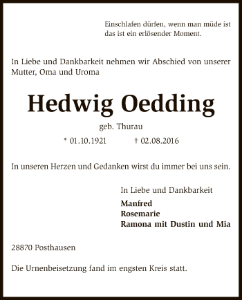 Traueranzeige von Hedwig Oedding von SYK