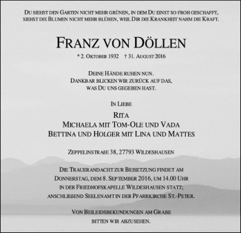 Traueranzeige von Franz von Döllen von SYK