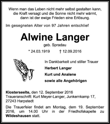 Traueranzeige von Alwine Langer von SYK