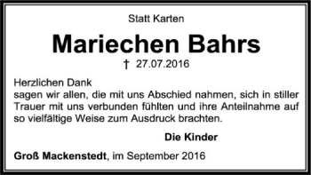 Traueranzeige von Marichen Bahrs von SYK